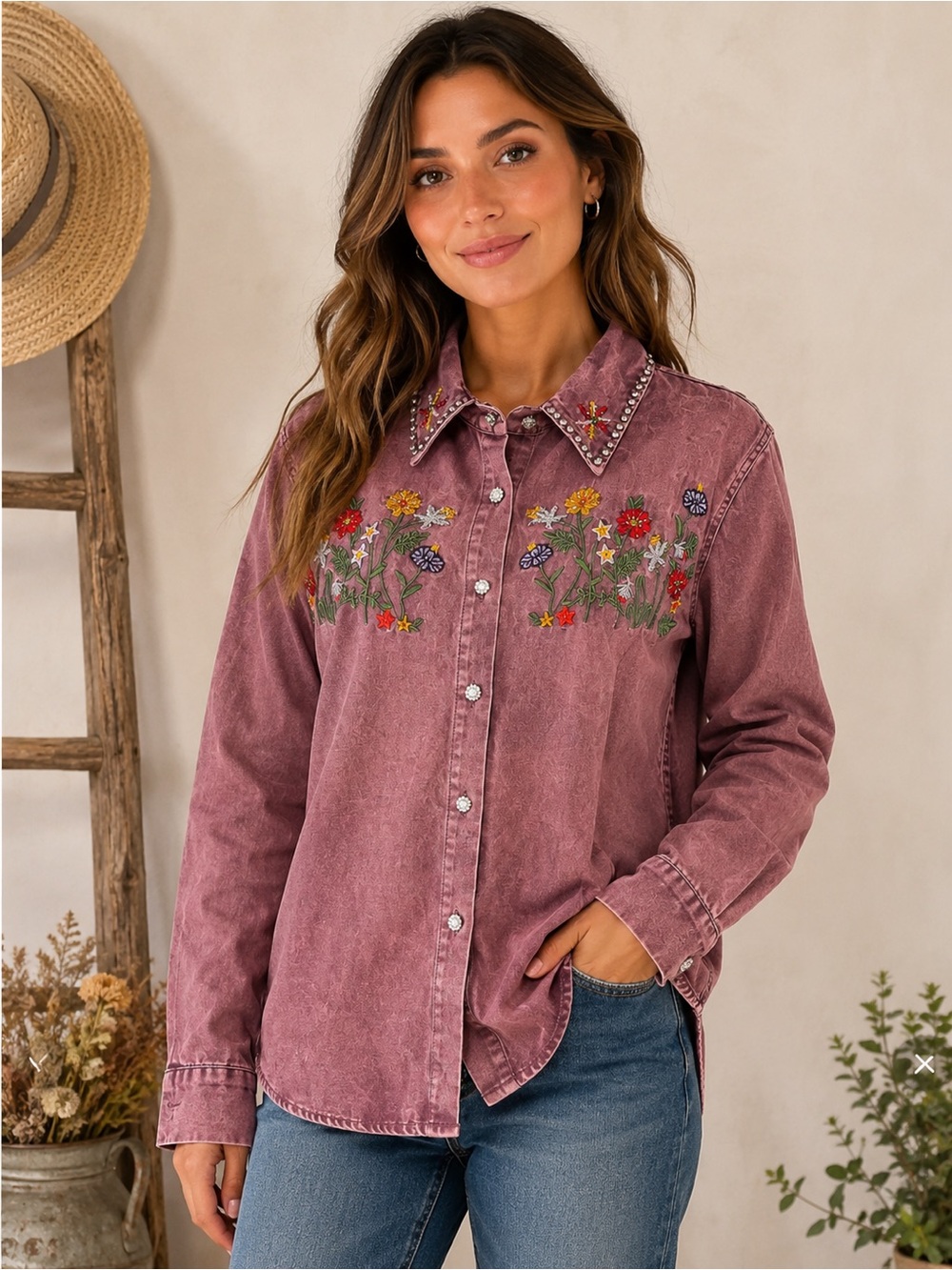 Women's Embroidered Floral Button-Up Shirt in Dusty Rose